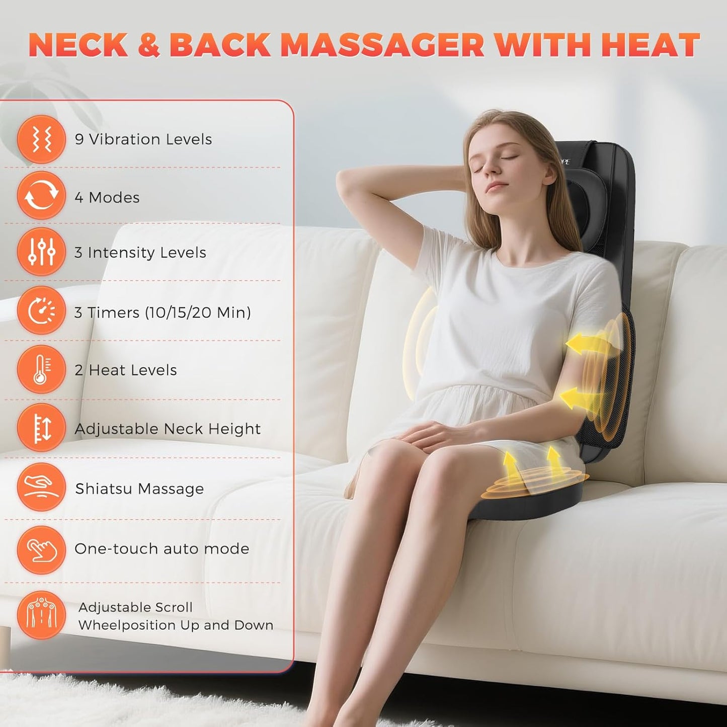 4D Shiatsu Back Massager with Heat - Deep Tissue Kneading for Neck & Shoulder Pain Relief